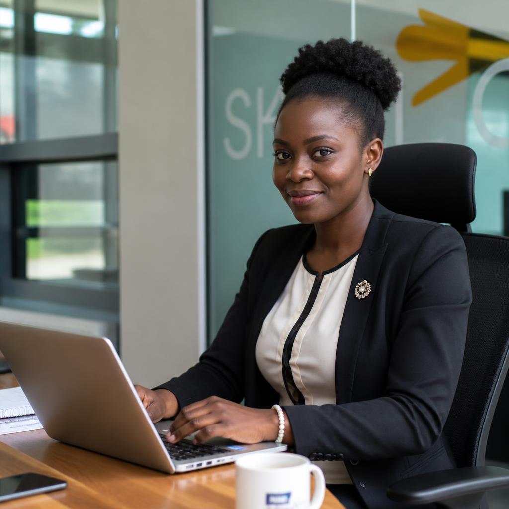 Ugandan technology professional working in a modern Kampala office