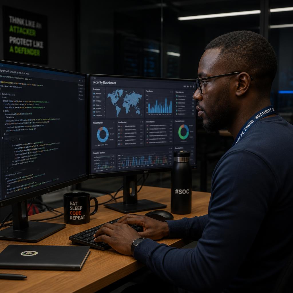 Ugandan cybersecurity analyst reviewing security dashboards
