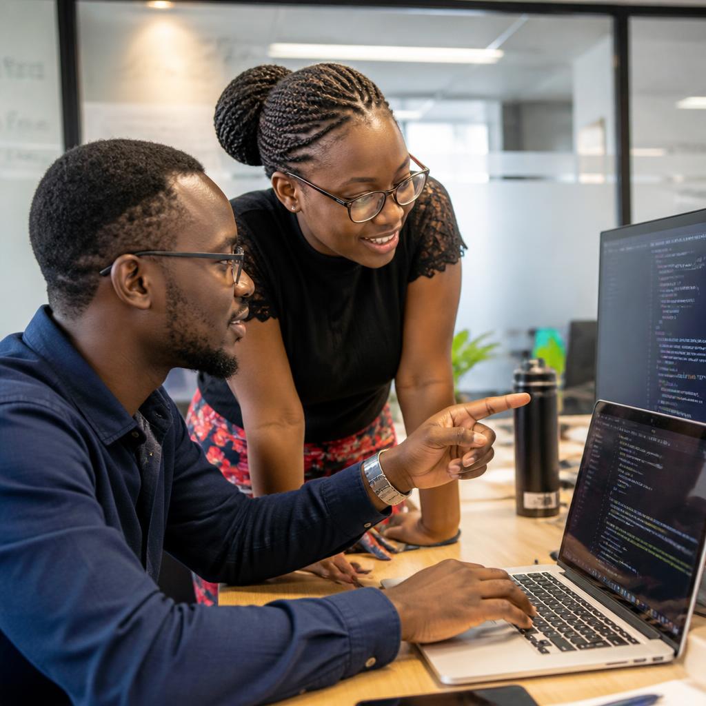 Ugandan software developers collaborating on code