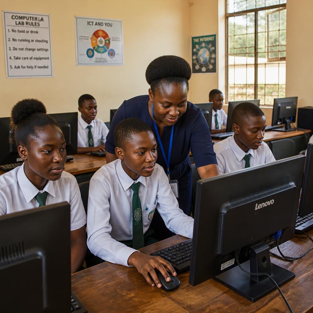 Ugandan students learning in a computer lab
