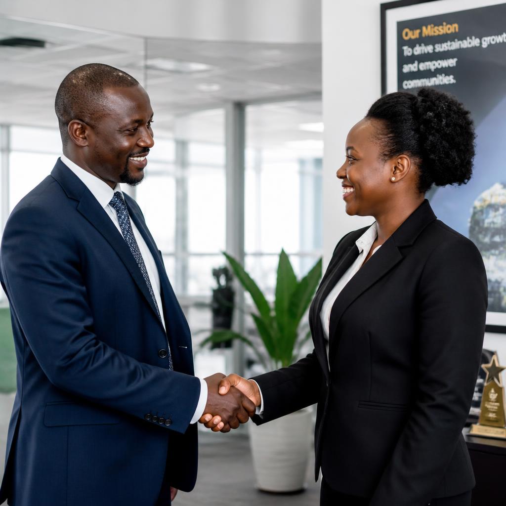 Savora IT professional shaking hands with a client in a Uganda meeting room